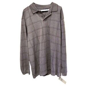 Haggar Men's Brown Windowpane  Pullover Long Sleeve Casual Polo Size XL NWT